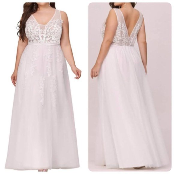 Ever Pretty V-Neck Lace Appliques Tulle Wedding Evening Gown Sz 16 White - Picture 1 of 11
